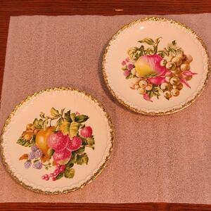 Vintage 2 Hand Painted Fruit Wall Hanger Plates Gold Scroll Scalloped Japan
